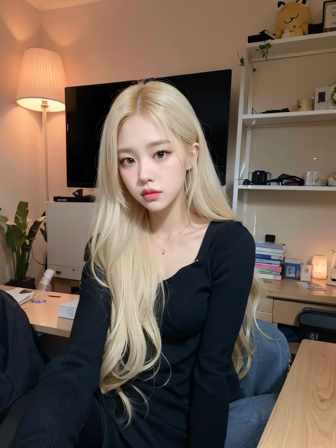 blonde woman with long hair sitting on a desk in a room, with white long hair, with long white hair, with long blond hair, with long hair, her hair is white, roseanne park of blackpink, portrait of jossi of blackpink, white hime cut hairstyle, ulzzang, long blonde hair and big eyes, korean girl, long blonde hair and large eyes