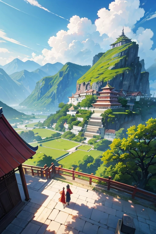 There is a red roof，There is a bird on it，The background is a mountain, Anime beautiful peaceful scene, beautiful anime scenes, Anime landscapes, anime backgrounds, a temple background, beautiful anime scenery, anime scene, background depicting a temple, anime movie backgrounds, anime backgrounds艺术, 色彩缤纷的anime movie backgrounds, screenshot from the anime film, anime movie screenshot, Anime countryside landscape
