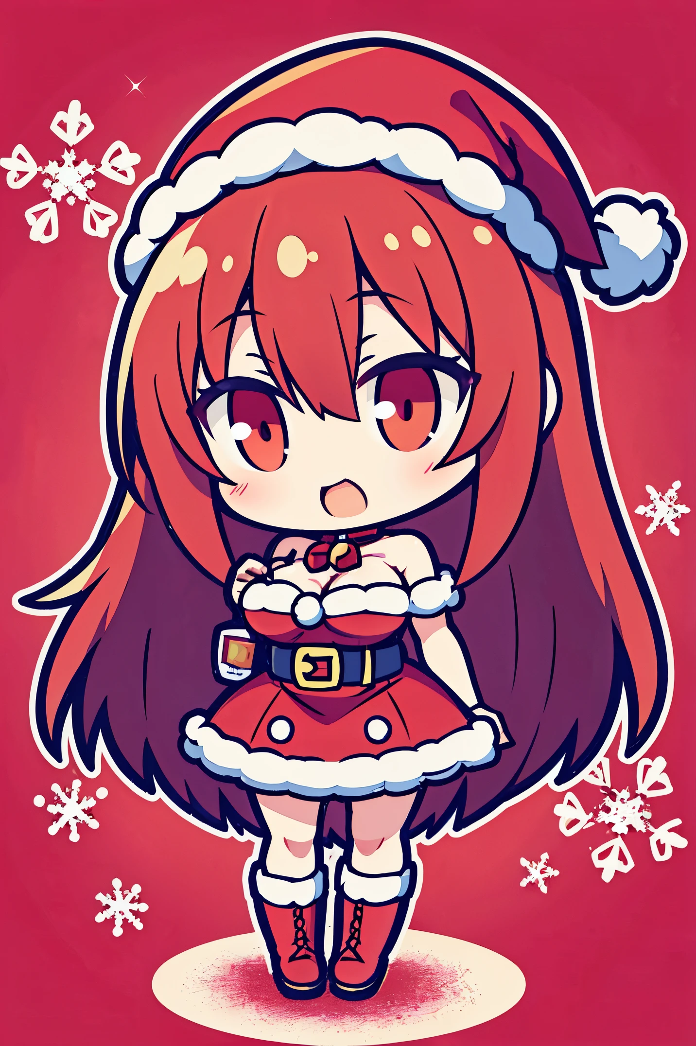 "anime girl, 1 person, bright red hair, shoulder length hair, dark red eyes, Santa hat, Santa tube costume, red dress, big breasts, discreet, stockings, holding Christmas gift box, Christmas gift box  birth, snowfall, solo, front view,chibi,full body (full HD 4K+ photo)"