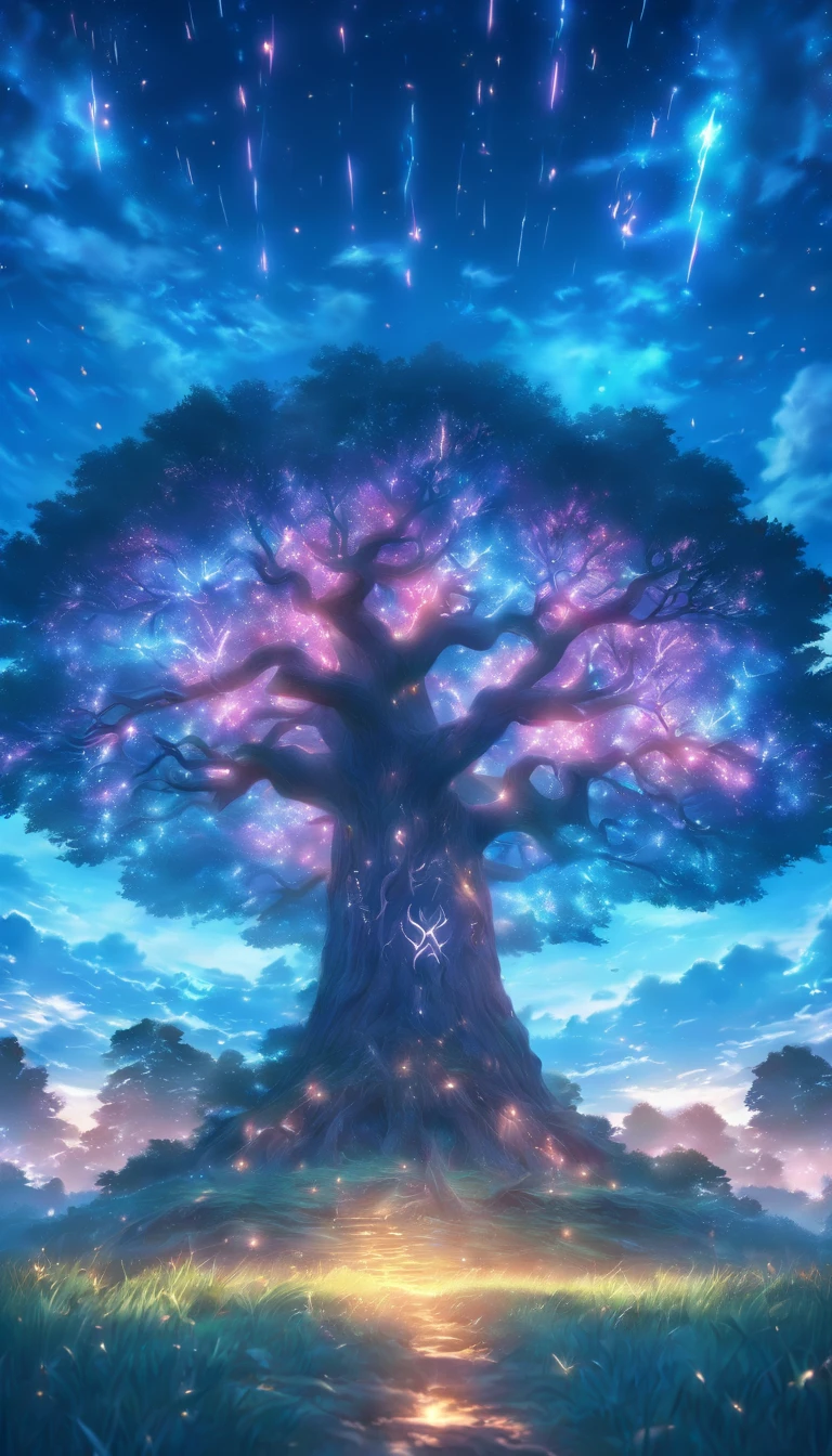 (best quality, 4k, 8k, highres, masterpiece:1.2), ultra-detailed, (realistic, photorealistic, photo-realistic:1.37), the great oak tree in the middle of the meadows, etched with glowing sigils and ancient runes, majestic and magical, spellbinding illustration