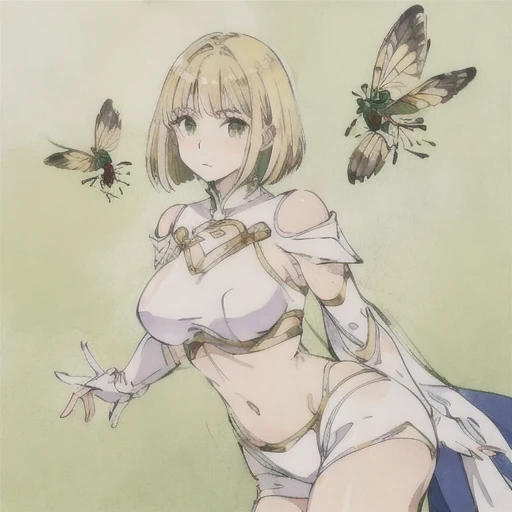 adult female professional wrestler、a blond、bob cuts、 animesque、 White costume with a yellow stripe that shows the stomach、Leprechaun、fly