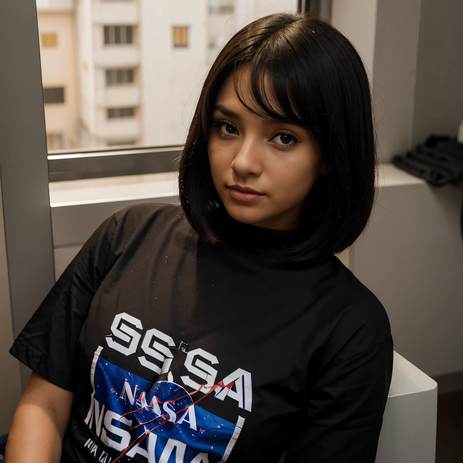 Uma branca, com cabelos negros cacheados, com a camisa da NASA, assistindo um foguete partir