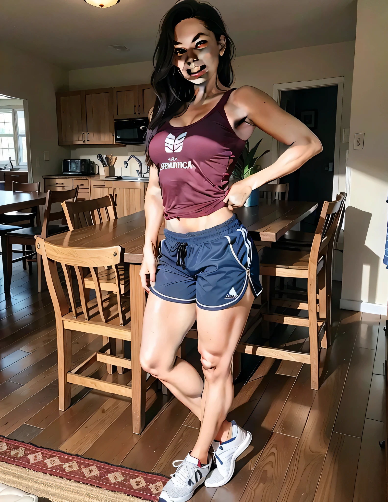 woman standing on a wooden floor in a room with table and chairs, usando uma regata e saia, usando saia, usando equipamento de fitness, foto da roupa, foto fit, vestindo roupas apertadas, tiro de corpo inteiro, tiro de comprimento de corpo inteiro, vestindo camisola e shorts, de bermuda, minissaia, sport bra and dark blue shorts