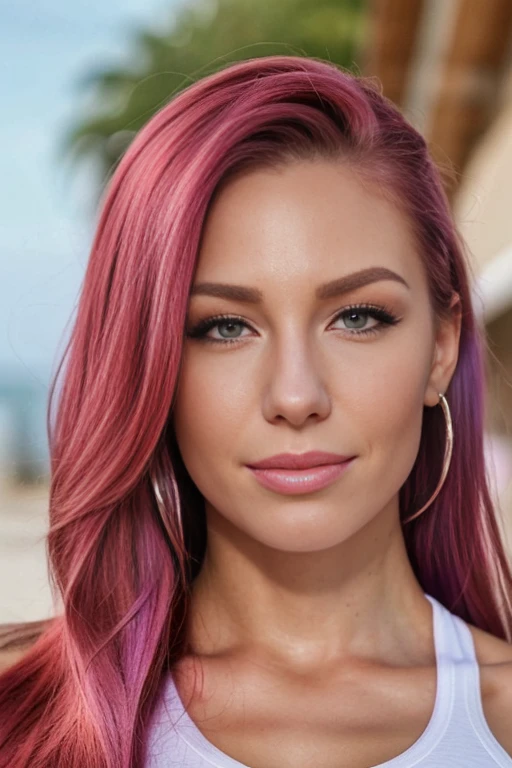 High-resolution, close-up hot portrait of fitness Instagram model, colorful hair