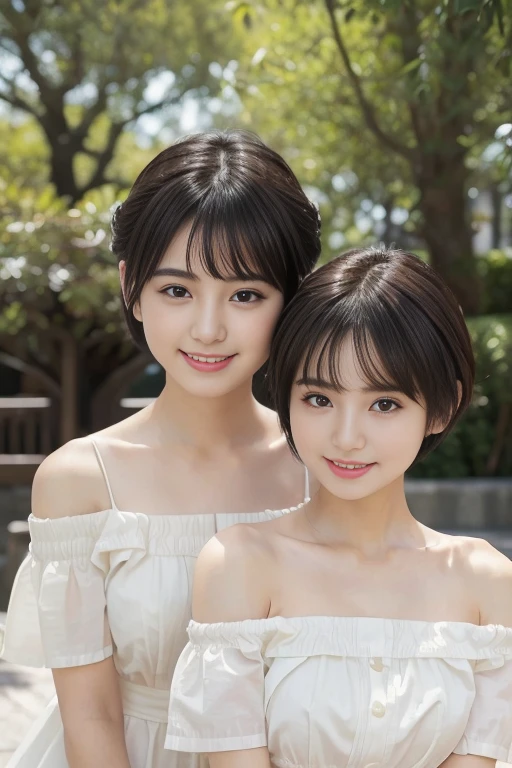 (((masterpiece))), (Two Japan Beautiful Girls, couple focus, classmates, Pure and innocent,kawaii) ,超A high resolution, Realistic, ultra-detailliert, 8K,top-quality, Extremely detailed, Detailed background,A slender,very beautiful japanese girl, Detailed face:1.3), (Boyish short-haired,A dark-haired :1.4), (a baby face,kawaii系,adolable), (Perfect body:1.1), White Dress, Show your beautiful teeth,Bursting smile, beautiful off shoulder clavicle、Scrunchie,Super Detailed Face、Detailed lips、A detailed eye、small gravure idol,Transparent skin