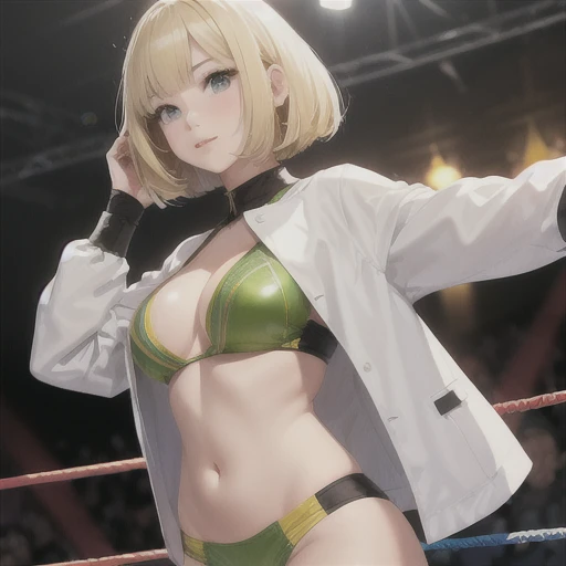adult female professional wrestler、a blond、bob cuts、 animesque、 White costume with a yellow stripe that shows the stomach、Leprechaun、