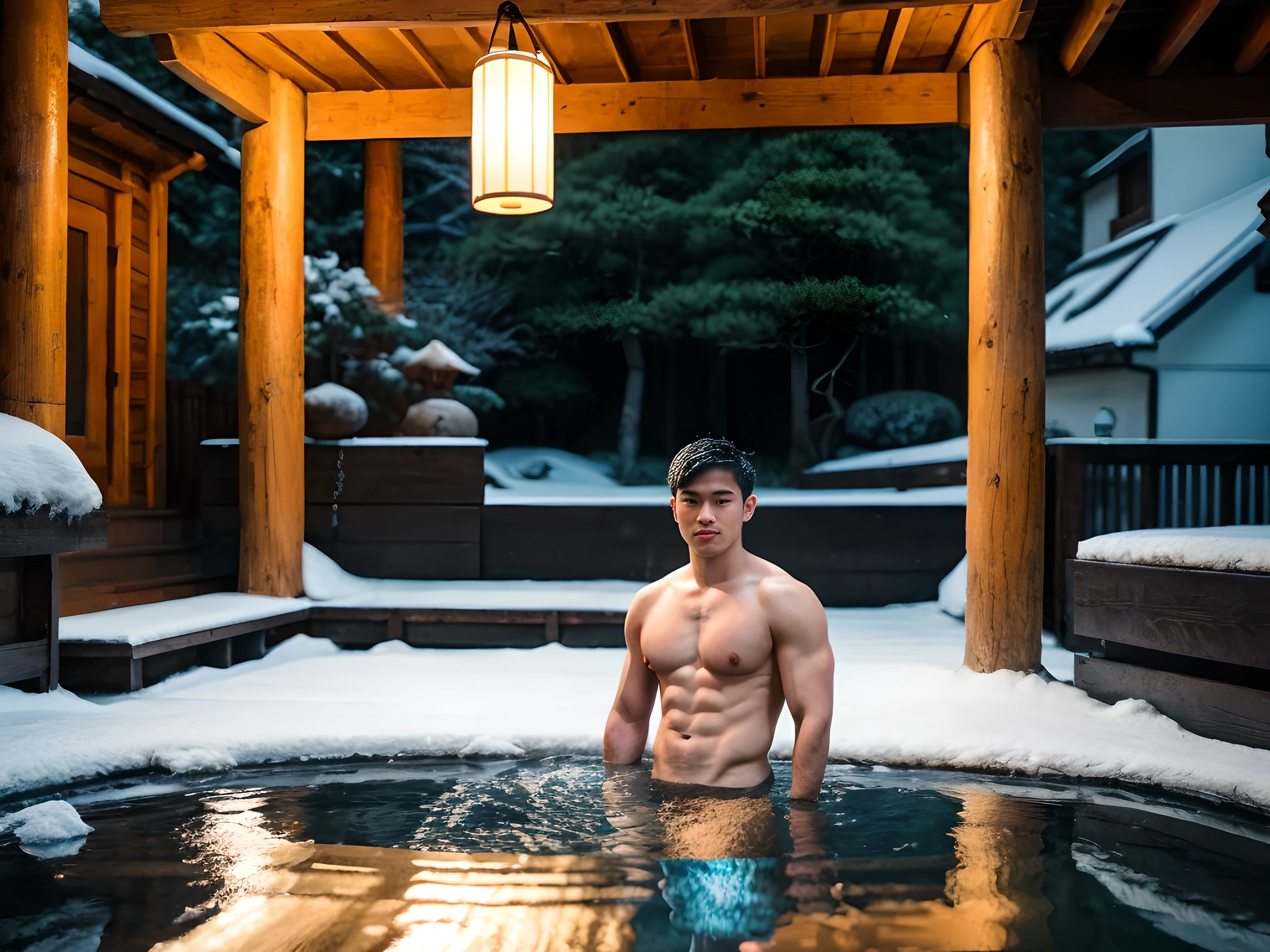 best quality, 20 years old, koran boy, ((handsome:1.2)), in outdoor japanese onsen, full body, ((muscle:1.2)), ((showing naked chest)), penis:1.1, ((black pubic hairs)), illustration, ultra-detailed, realistic:1.37, vivid colors, studio lighting, sharp focus, physiologically-based rendering, portraits, vibrant color palette, dramatic lighting, japanese garden background and snow falls.