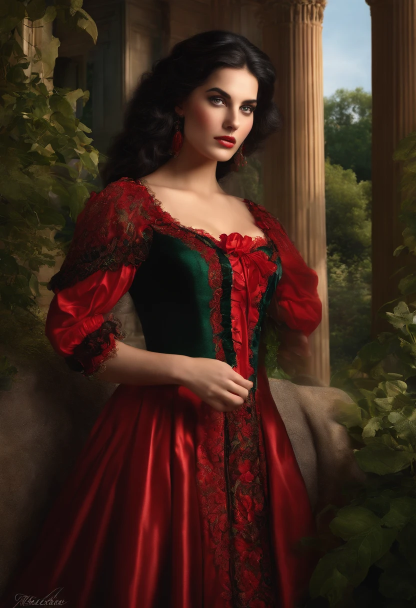 Best Quality, Masterpiece, Ultra High Res, Baroque Painting by 1girl, Cascading Black Hair, Green Eyes, Detailed Eyes and Face, Red Victorian Era Dress, Background Greek Columns in a Garden with Flowers, Dynamic Lighting, In the Dark, Deep Shadow, Discreet, Cowboy Full Body Shot