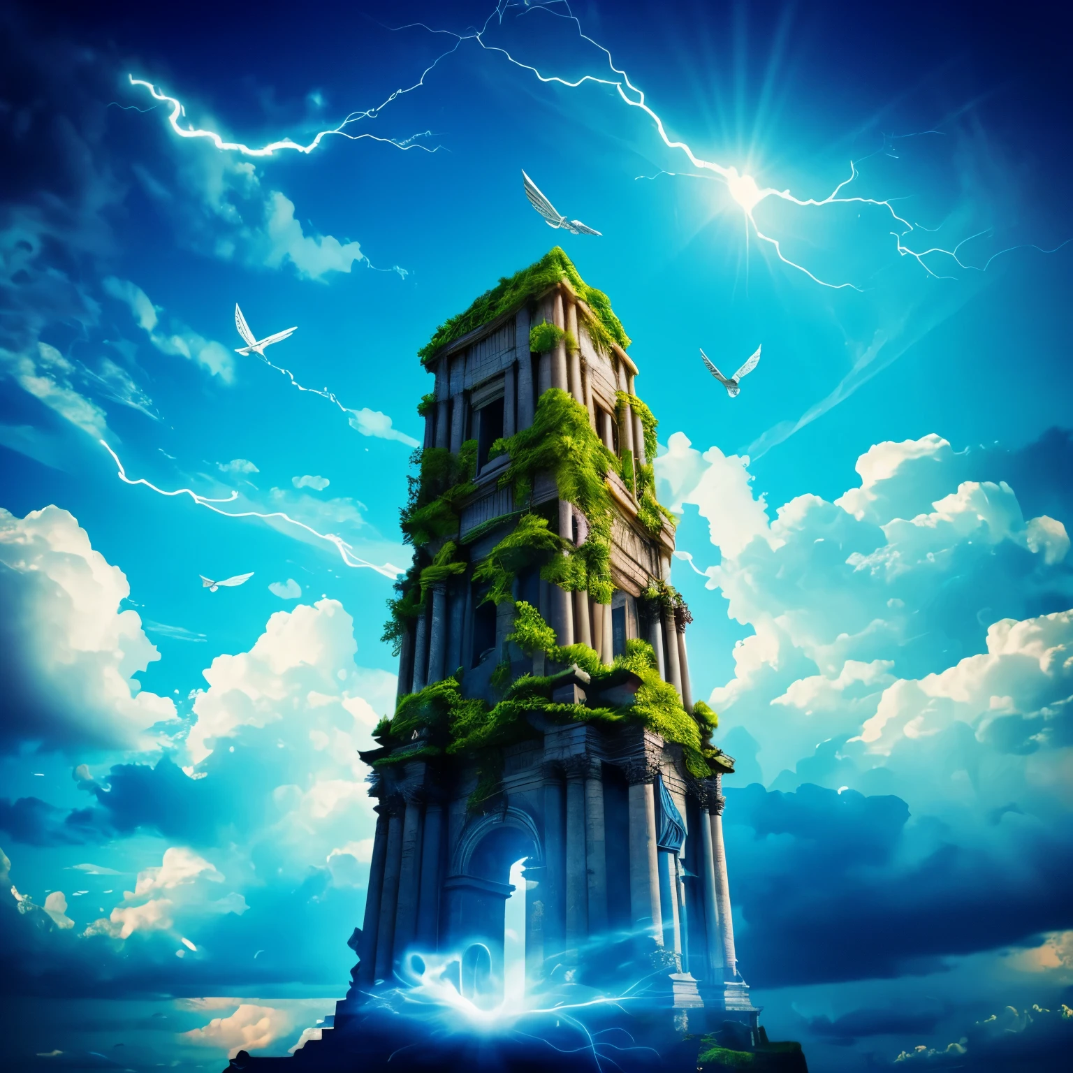 Rock bird, (thunder bird)!!, magic spirits, fairies!, lightning, (Might and magic)!!!, blue sky, paradise, white clouds, (Great buildings in the sky in the style of ancient Rome)!!!, air elementals, Jinn, djinn, fantasy, world of air, flying buildings, daytime time of day, ancient Roman architecture, ancient architecture, lightning, fantasy world, Middle Ages, antiquity, flying islands, endless sky, mythology, only sky, the sky is all over the frame