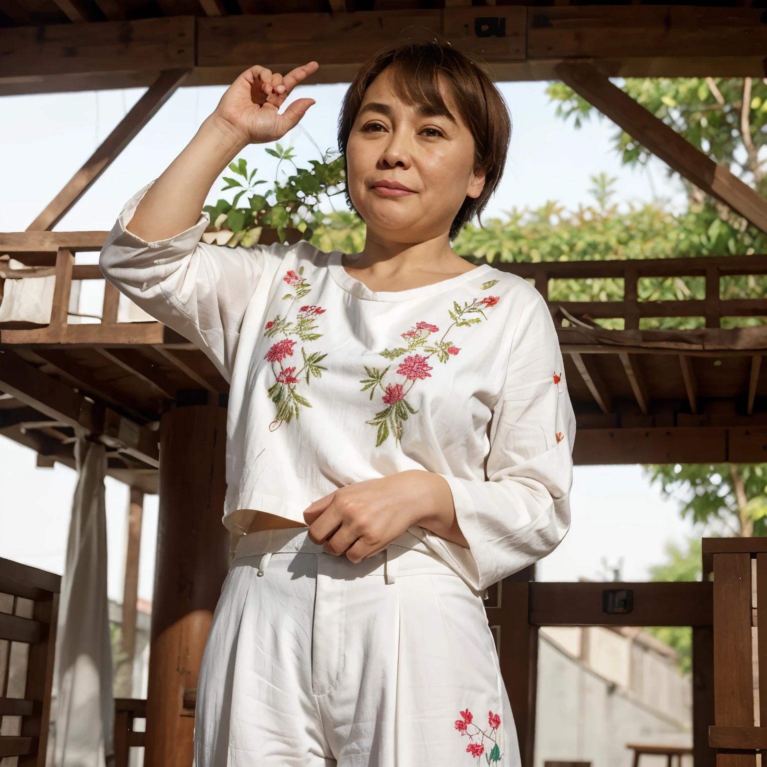 1 middle-aged woman,Wear a loose embroidered white shirt,Loose printed white trousers,short detailed hair,The face is slightly fat and beautiful,Big eyes, pretty nose, small mouth,best qualityer,超高分辨率,exteriors,Background bokeh,Standing,full bodyesbian,care about,age increases milk