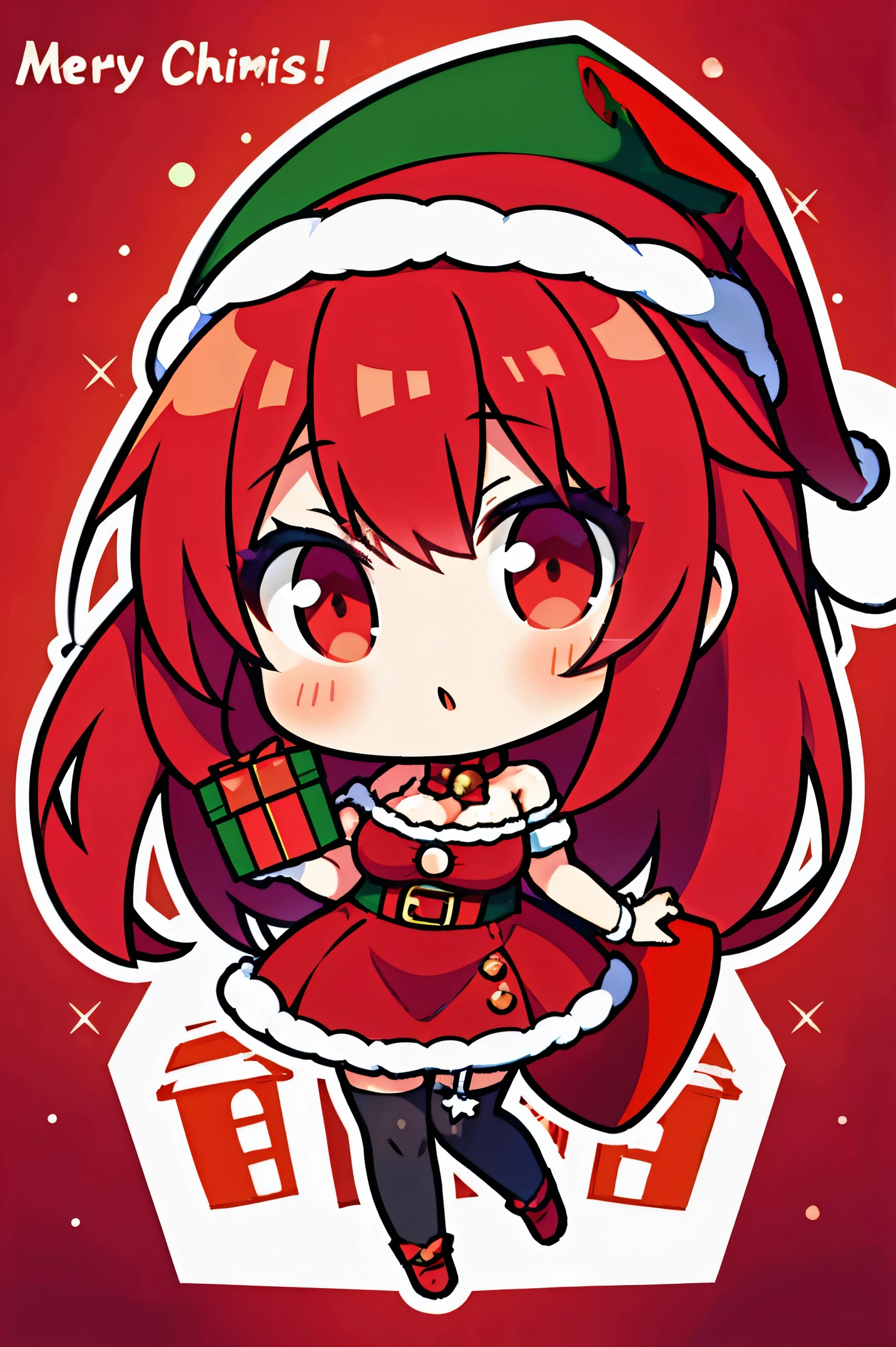 "anime girl, 1 person, bright red hair, shoulder length hair, dark red eyes, Santa hat, Santa tube costume, red dress, big breasts, discreet, stockings, holding Christmas gift box, Christmas gift box birth, snowfall, solo, front view,chibi,full body (full HD 4K+ photo)"