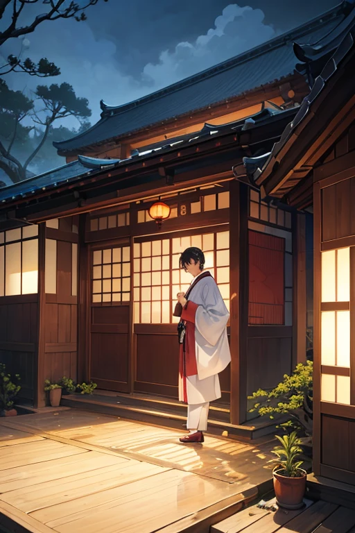 There is a small house,There is a tree in front, Madhouse Studio anime style, Japanese house, Inspired by Takeji Fujishima, Monokubo, style of madhouse anime, in style of kyoto animation, The background is an Edo period house, Natsume friend account, Inspired by Taketoshi Matsumura, Inspired by Mei Wangxuan's handsomeness
