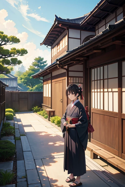There is a small house,There is a tree in front, Madhouse Studio anime style, Japanese house, Inspired by Takeji Fujishima, Monokubo, style of madhouse anime, in style of kyoto animation, The background is an Edo period house, Natsume friend account, Inspired by Taketoshi Matsumura, Inspired by Mei Wangxuan's handsomeness