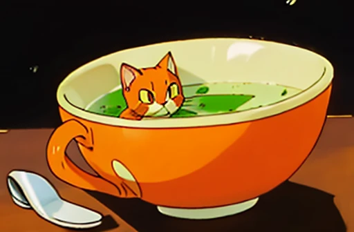 Longhair orange cat with a small head and white chin guarding an empty bowl of soup drawn in the style of a pokemon card.