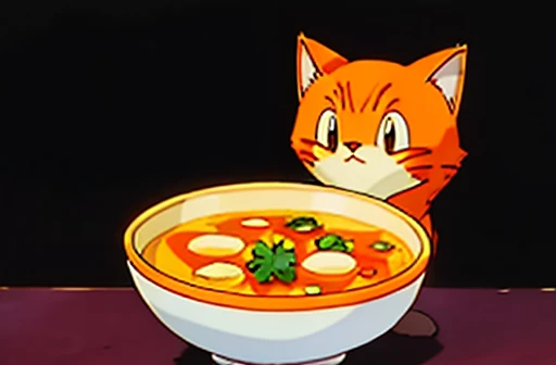 Longhair orange cat with a small head and white chin guarding an empty bowl of soup drawn in the style of a pokemon card.