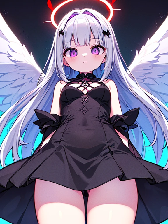 ((​masterpiece、top-quality:1.5、a high chroma:1.5、ultra-detailliert、high-resolution illustrations:1.5、Ultra-high-definition CG、8k size wallpaper、offcial art))、,(highly colorful:1.5),(from below:1.5),(1 fallen angel girl),(Cute little girl:1.5)、(Shining purple eyes:1.5),(Beautiful face:1.5,Beautiful eyes:1.5)、(close to viewer:1.5),
(clearface:1.3)、(sexy body),(ultra-thin sexy dress:1.5), (Beautiful ultra-thin sexy dress every detail),(a dark　halo shines:1.5),(medium breasts:1.5),、(cowboy shot:1.5)、(glowing eyes:1.5),(two-tone black and red fallen angel wings:1.5),( Fluttering two-tone black and red feathers:1.3),colourfull、