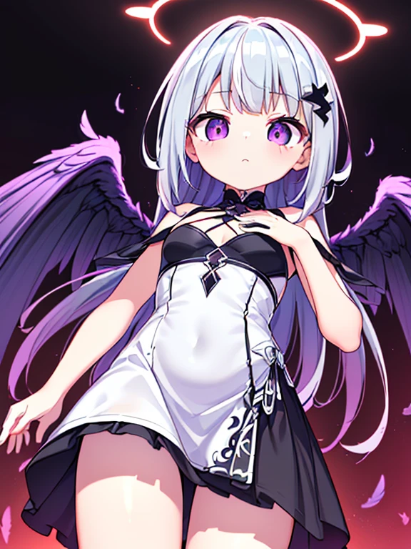 ((​masterpiece、top-quality:1.5、a high chroma:1.5、ultra-detailliert、high-resolution illustrations:1.5、Ultra-high-definition CG、8k size wallpaper、offcial art))、,(highly colorful:1.5),(from below:1.5),(1 fallen angel girl),(Cute little girl:1.5)、(Shining purple eyes:1.5),(Beautiful face:1.5,Beautiful eyes:1.5)、(close to viewer:1.5),
(clearface:1.3)、(sexy body),(ultra-thin sexy dress:1.5), (Beautiful ultra-thin sexy dress every detail),(a dark　halo shines:1.5),(medium breasts:1.5),、(cowboy shot:1.5)、(glowing eyes:1.5),(two-tone black and red fallen angel wings:1.5),( Fluttering two-tone black and red feathers:1.3),colourfull、