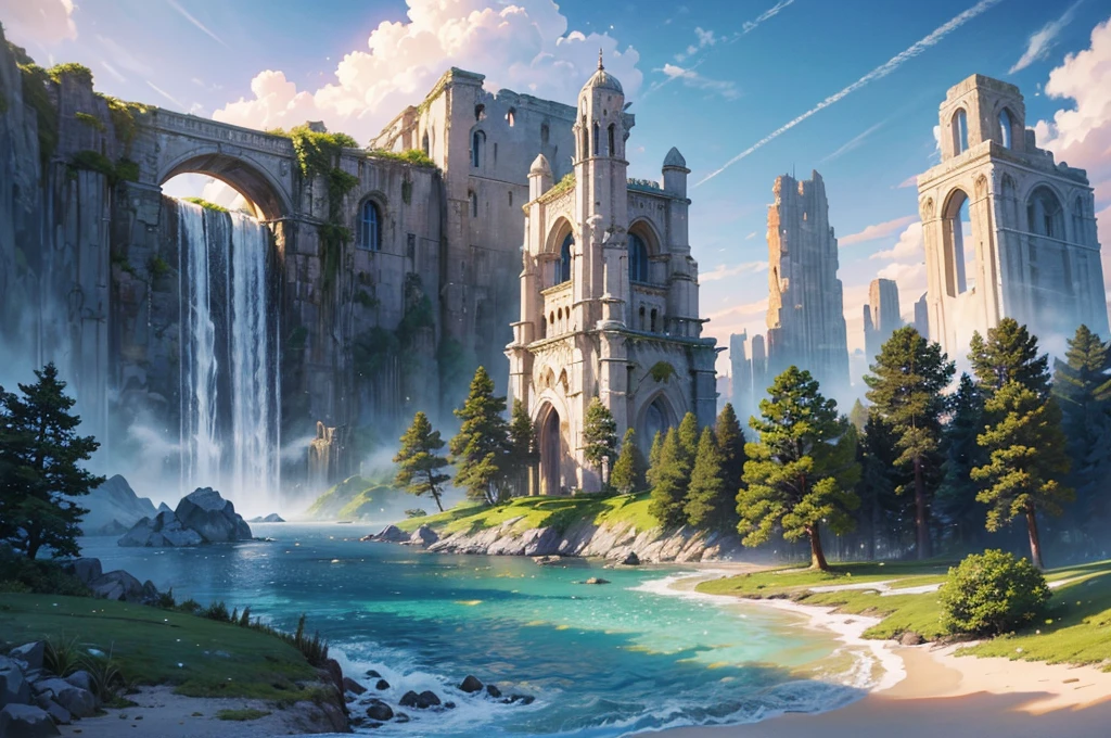 masterpiece, best quality,ultra-detailed, fine detailed, 8k, scenery, landscape, no humans, wide shot, sunrise sky, white cloud, multiple floating islands, multiple towers of various sizes, ancient structures, ruins, cityscape, forest, waterfall, nature, ray tracing, refraction, cinematic lighting