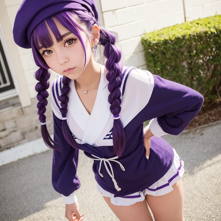 a beauty girl　Purple hair　Braided pigtails　a sailor suit　purple beret　Straight face　Lori　Patsun　Zito-order　yellow  eyes　childish　Moe Sleeve