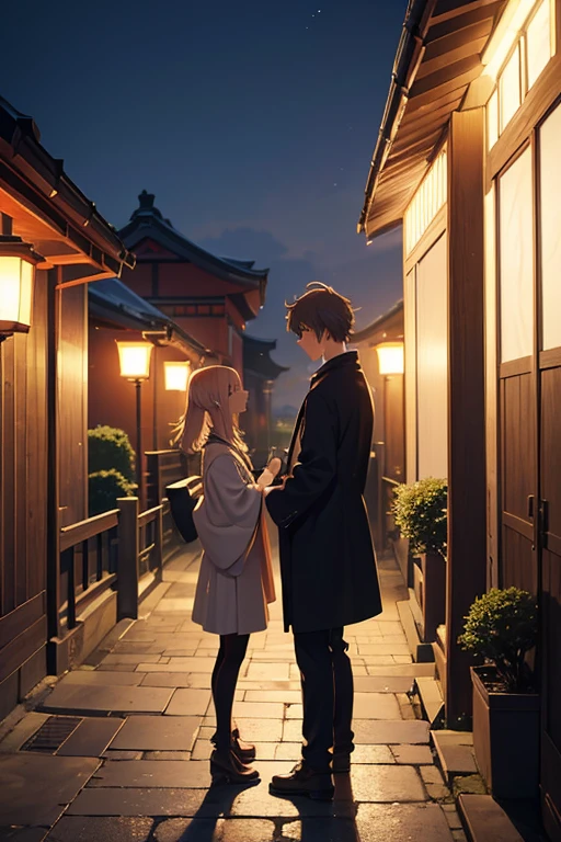 A couple standing on a stone pathway in front of a building in an anime scene, Natsume's Friends Account, anime scene, beautiful and peaceful anime scene, beautiful anime scenes, today's recommended anime is still, opening scene, in front of a temple, Inari Shrine, Kyoto Animation style, beautiful scenery, anime movie screenshot, Kyoto Animation still. (best quality, 4k, 8k, highres, masterpiece:1.2), ultra-detailed, (realistic, photorealistic, photo-realistic:1.37), HDR, UHD, studio lighting, ultra-fine painting, sharp focus, physically-based rendering, extreme detail description, professional, vivid colors, bokeh, portraits, landscape, anime, photography, concept artists, vibrant colors, soft pastel color palette, warm sunset lighting, dreamy atmosphere.