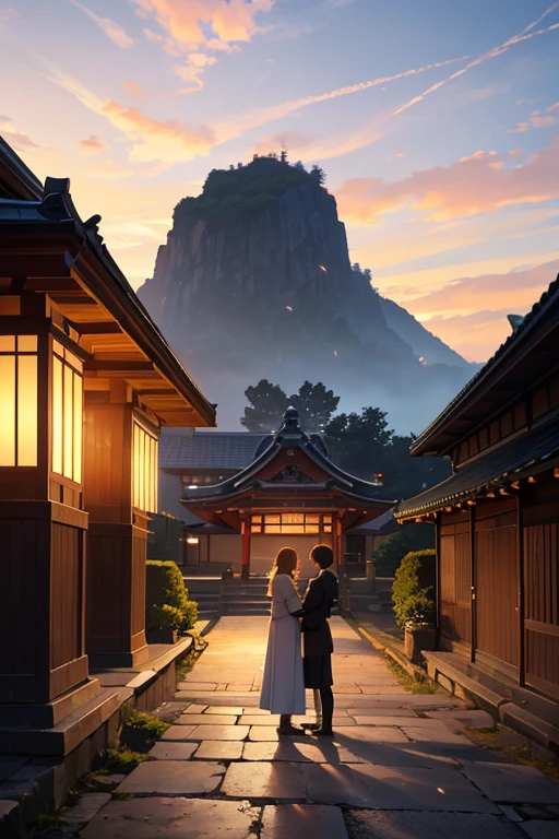 A couple standing on a stone pathway in front of a building in an anime scene, Natsume's Friends Account, anime scene, beautiful and peaceful anime scene, beautiful anime scenes, today's recommended anime is still, opening scene, in front of a temple, Inari Shrine, Kyoto Animation style, beautiful scenery, anime movie screenshot, Kyoto Animation still. (best quality, 4k, 8k, highres, masterpiece:1.2), ultra-detailed, (realistic, photorealistic, photo-realistic:1.37), HDR, UHD, studio lighting, ultra-fine painting, sharp focus, physically-based rendering, extreme detail description, professional, vivid colors, bokeh, portraits, landscape, anime, photography, concept artists, vibrant colors, soft pastel color palette, warm sunset lighting, dreamy atmosphere.