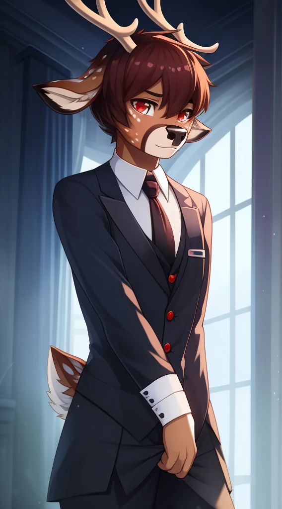 Best Quality, super detailed illustration, (1 boy:1.2), (furry deer:1.4) , The body is like a girl's, Short Hair Hair, Dressed as a butler, scarlet eyes, gloomy atmosphere