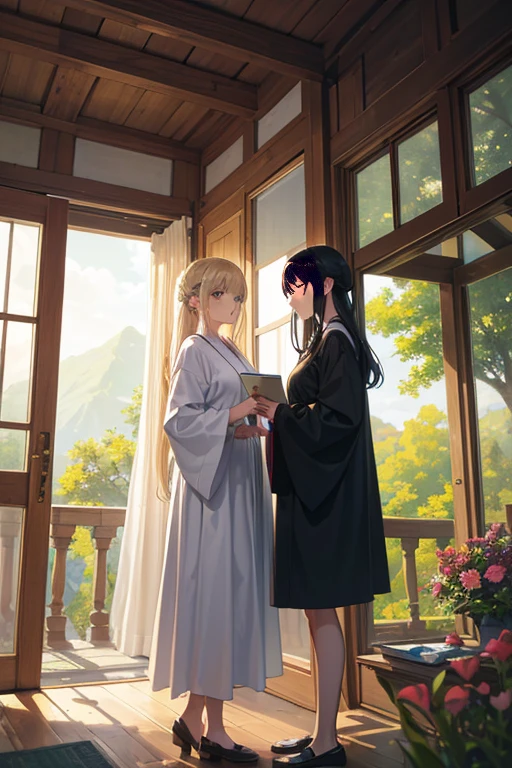 A picturesque anime scene of two people standing in a field with stairs. The scene is captured in the style of a high-quality TV anime still from Kyoto Animation. The emphasis is on the detailed depiction of the characters' eyes, lips, and face to ensure realistic facial features. The medium used to create this artwork is a combination of illustration and oil painting, resulting in a visually stunning blend of traditional and digital art. The scene showcases vibrant colors and sharp focus, giving it an ultra-detailed and photorealistic appearance.

The setting is a peaceful countryside with lush greenery and a clear blue sky. The field is adorned with blooming flowers, adding a touch of beauty to the scene. The characters are dressed in casual attire that complements the serene atmosphere. They are standing on a set of stairs, adding depth and visual interest to the composition.

The lighting is soft yet illuminating, casting a warm glow on the characters and their surroundings. The color palette consists of gentle pastel tones, enhancing the overall dream-like quality of the scene.

This prompt aims to capture the essence of a tranquil anime moment, inviting viewers to immerse themselves in the soothing atmosphere of the artwork. The combination of meticulous details, striking colors, and serene composition makes this piece a true masterpiece.

(best quality, 4k, highres, masterpiece:1.2), ultra-detailed, realistic, anime, stunning colors, soft lighting, tranquil ambiance, blooming flowers, pastel color palette, peaceful countryside, casual attire, stairs