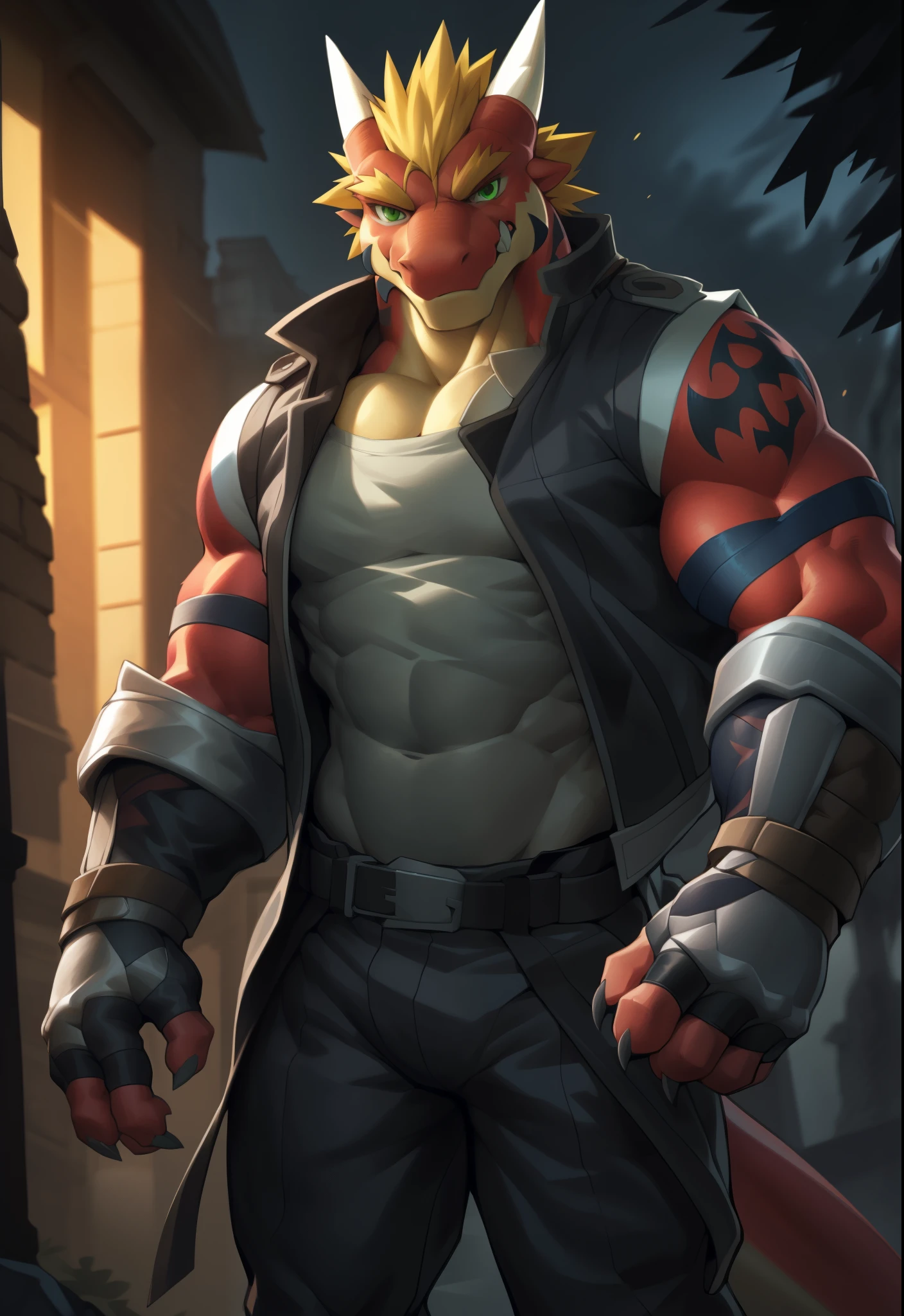 Anthro, solamente, delga, Dragon, ropa, masculino, ropa superior, muscular, Antro muscular, chaqueta, camisa, Guantes sin dedos, ojos verdes, macho musculoso, cuerpo rojo, Mirando al espectador, nada, ropa inferior, Tatoo, chaleco blanco, cabello rubio, Antecedentes detallados, fotorrealista, manos realistas, 8k HD, Detalle extremo, (Sombras oscuras, wide dynamic range, HDR, poca luz:1.2), Por Canyne Khai,por milkytiger1145,por takemoto arashi,por null-ghost