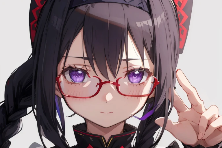 1girl in，Detailed details，a purple eye，radiant eyes，Braids，Black hair、，wears a black headband on his head，Red glasses，radiant eyes