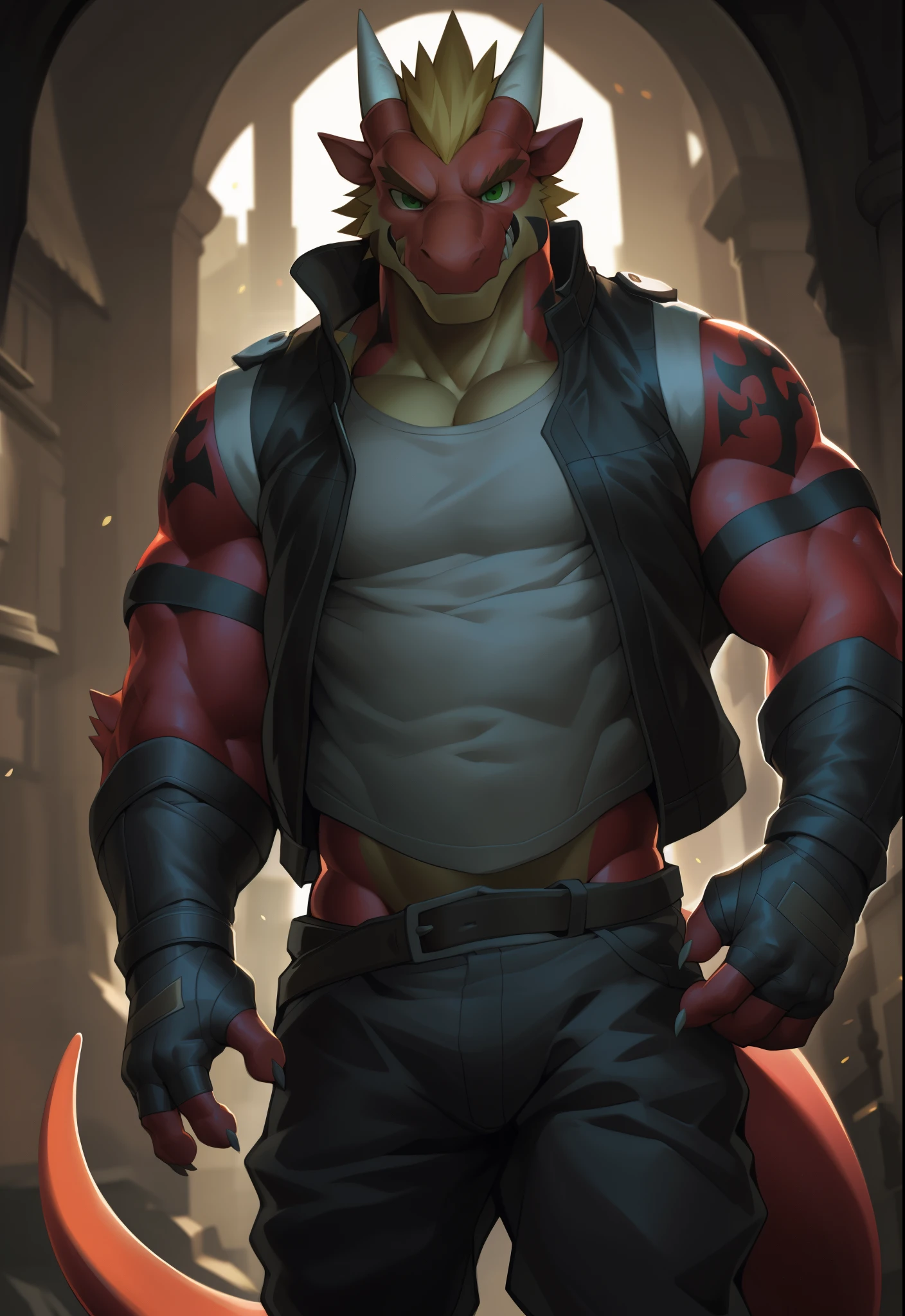 anthro, solo, delga, dragon, clothing, male, topwear, muscular, muscular anthro, jacket, shirt, fingerless gloves, green eyes, muscular male, red body, looking at viewer, hi res, bottomwear, tatoo, white vest, blonde hair, detailed background, photorealistic, realistic hands, 8k hd, extreme detail, (dark shadows, wide dynamic range, hdr, low light:1.2), by canyne khai,by milkytiger1145,by takemoto arashi,by null-ghost