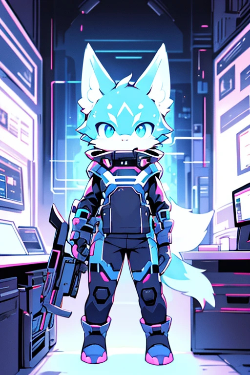 digital art, Blue protogen, cat like, neon lights, smirk, at a room, protogen mask