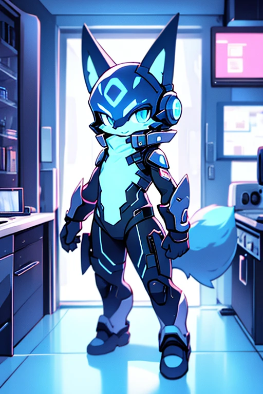 digital art, Blue protogen, cat like, neon lights, smirk, at a room, protogen mask