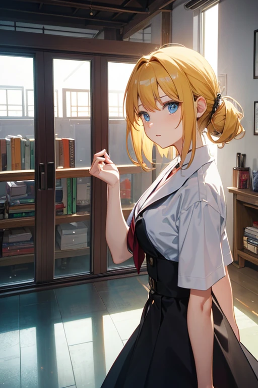 There is a yellow-haired woman standing in the room, Madhouse Studio anime style, anime backgrounds, anime backgrounds艺术, indoor background艺术, Personal room background, dance hall background, anime scene, anime movie backgrounds, indoor background, [[empty warehouse]] Background with, Anime landscapes, Background with(Hard), random background scene, interior scenes