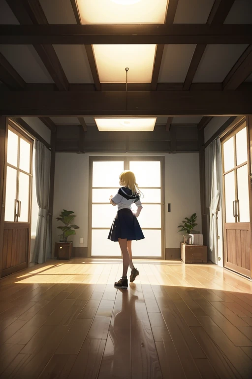 There is a yellow-haired woman standing in the room, Madhouse Studio anime style, anime backgrounds, anime backgrounds艺术, indoor background艺术, Personal room background, dance hall background, anime scene, anime movie backgrounds, indoor background, [[empty warehouse]] Background with, Anime landscapes, Background with(Hard), random background scene, interior scenes