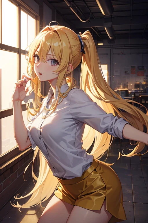 (high qulity, 4k, A high resolution, tmasterpiece:1.2), 超詳細, (realisticlying, 照片级realisticlying:1.37), Madhouse Studio anime style, exaggerated eyes, Exaggerated lips, extremely detailed eye and face, Long eyelashes, Yellow-haired, Beautuful Women, [[empty warehouse]]Background with, anime backgrounds, anime backgrounds艺术, interior background art, Room background, 个人Room background, dance hall background, (extremely difficult, High difficulty:1.1) anime scene, anime movie backgrounds