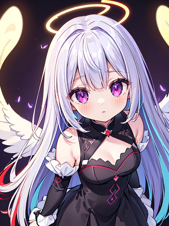 ((masterpiece、top-quality:1.5、a high chroma:1.5、ultra-detailliert、high-resolution illustrations:1.5、Ultra-high-definition CG、8k size wallpaper、offcial art))、,(highly colorful:1.5),(from above:1.5),(1 fallen angel girl),(Cute little girl:1.5)、(Shining purple eyes:1.5),(Beautiful face:1.5,Beautiful eyes:1.5)、(close to viewer:1.5),
(clearface:1.3)、(sexy body),(ultra-thin sexy dress:1.5), (Beautiful ultra-thin sexy dress every detail),(a dark halo shines:1.5),(medium breasts:1.5),、(cowboy shot:1.5)、(glowing eyes:1.5),(two-tone black and red fallen angel wings:1.5),( Fluttering two-tone black and red feathers:1.3),colourfull、