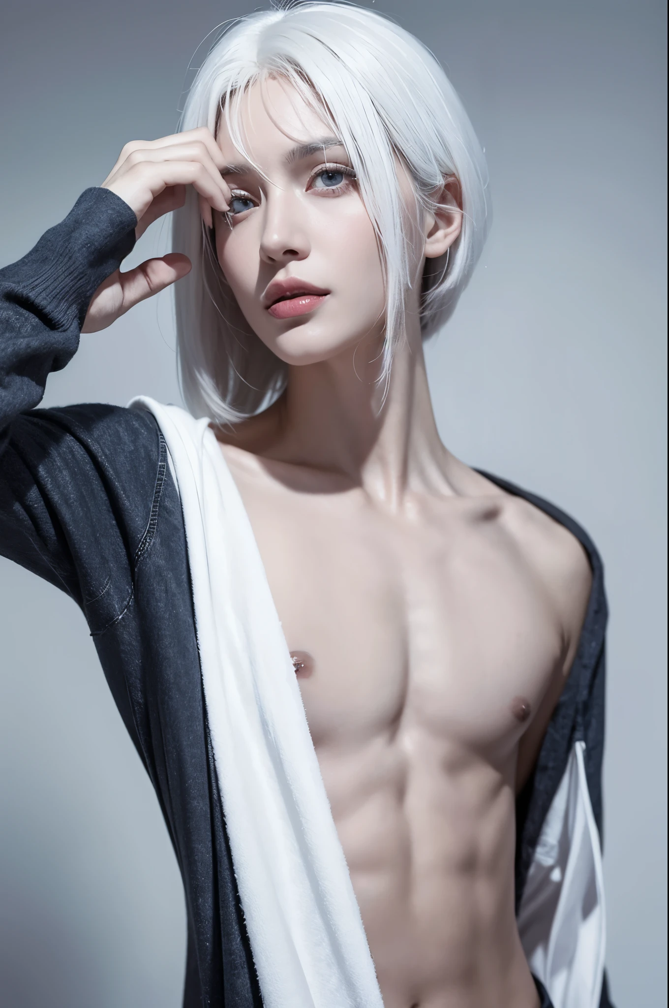 masterpiece, best quality, handsome 19 year old, fair skin male, medium length white hair, perfect face, chest abs, masculine, shoulder length white hair, blue eyes