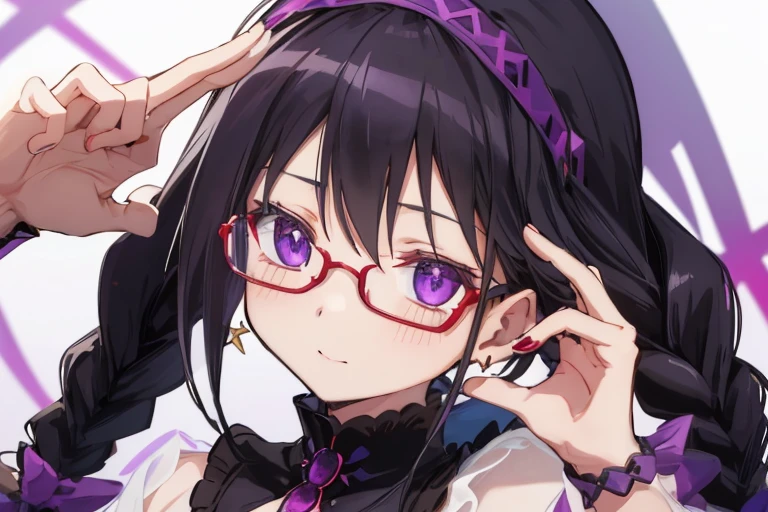 1girl in，Detailed details，a purple eye，radiant eyes，Braids，Black hair、，Black headband，Red glasses，Purple Gemstones