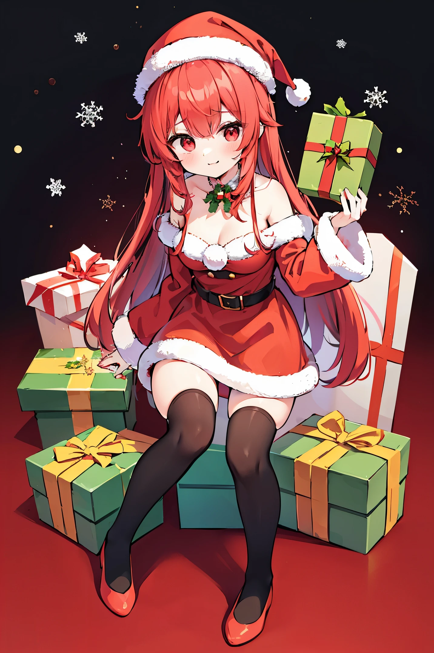 "anime girl, 1 person, bright red hair, shoulder length hair, dark red eyes, Santa hat, Santa tube costume, red dress, big breasts, discreet, stockings, holding Christmas gift box, Christmas gift box  birth, snowfall, solo, front view,chibi,full body (full HD 4K+ photo)"