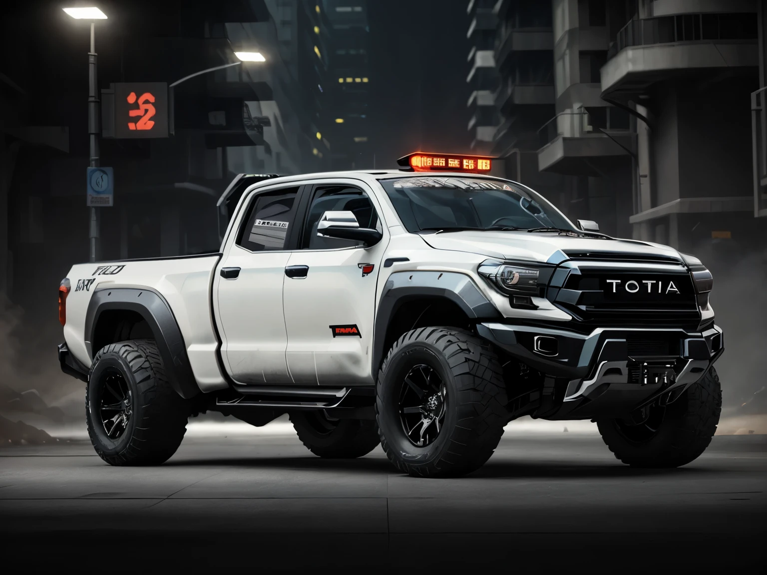 a 3/4 front view of ((futuristic cyberpunk Toyota Tundra)) (with glowing tires), at the parking lot, ((no logo))