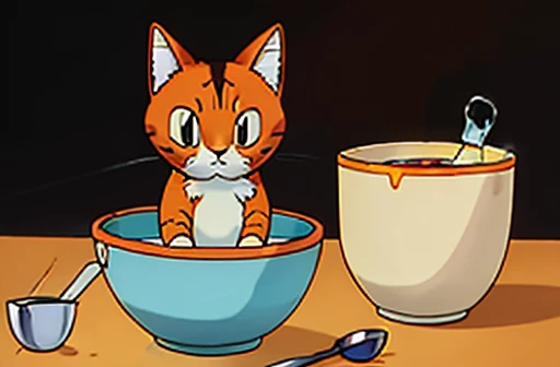 Longhair orange cat with a white chin guarding an empty bowl of soup drawn in the style of a pokemon card.