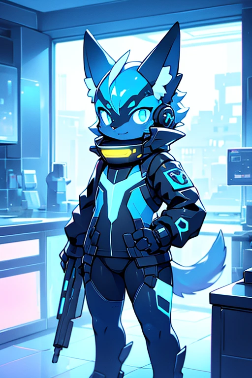 digital art, Blue protogen, cat like, neon lights, smirk, at a room, protogen mask