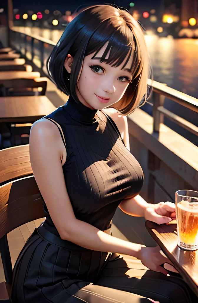 masutepiece、High quality、City Girl、Thin knitted clothing、tits out、(Tight long skirt:1.2)、Sleeveless、A detailed face、beautiful hairl、Detailed eyes、happy facial expression、adorable smiling、she sits next to me in the cafe at night、Moody lighting、bob cuts、24 year old