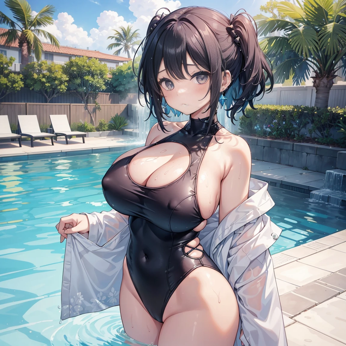 1 girl, watery big eyes*Su Jiushui*Wet hair*hair open*ear studs*swimmingpool>,, Low RA:Add to_the detail:1,One-piece swimsuit,极其humongous large breast,Bigchest,busty figure,humongous large breast,back ,,Magnanimous