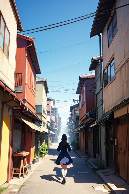 一个穿着红色外套的女人walking at street的动画场景, residential neighborhoods, walk through suburbs, anime backgrounds艺术, anime scene, the anime girl is running, beautiful anime scenes, forest city streets behind her, walking at street, On a street, anime backgrounds, anime movie backgrounds, in distance, animation stills, in style of kyoto animation