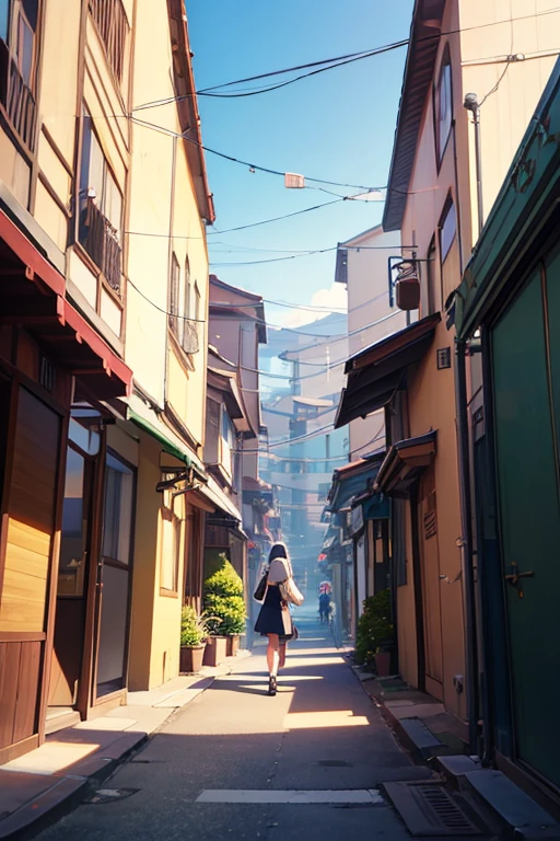 一个穿着红色外套的女人walking at street的动画场景, residential neighborhoods, walk through suburbs, anime backgrounds艺术, anime scene, the anime girl is running, beautiful anime scenes, forest city streets behind her, walking at street, On a street, anime backgrounds, anime movie backgrounds, in distance, animation stills, in style of kyoto animation