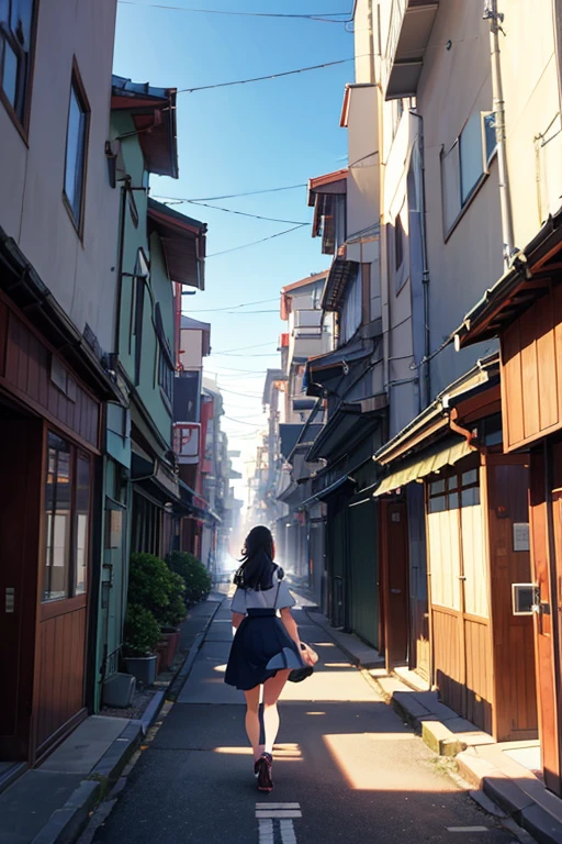 一个穿着红色外套的女人walking at street的动画场景, residential neighborhoods, walk through suburbs, anime backgrounds艺术, anime scene, the anime girl is running, beautiful anime scenes, forest city streets behind her, walking at street, On a street, anime backgrounds, anime movie backgrounds, in distance, animation stills, in style of kyoto animation