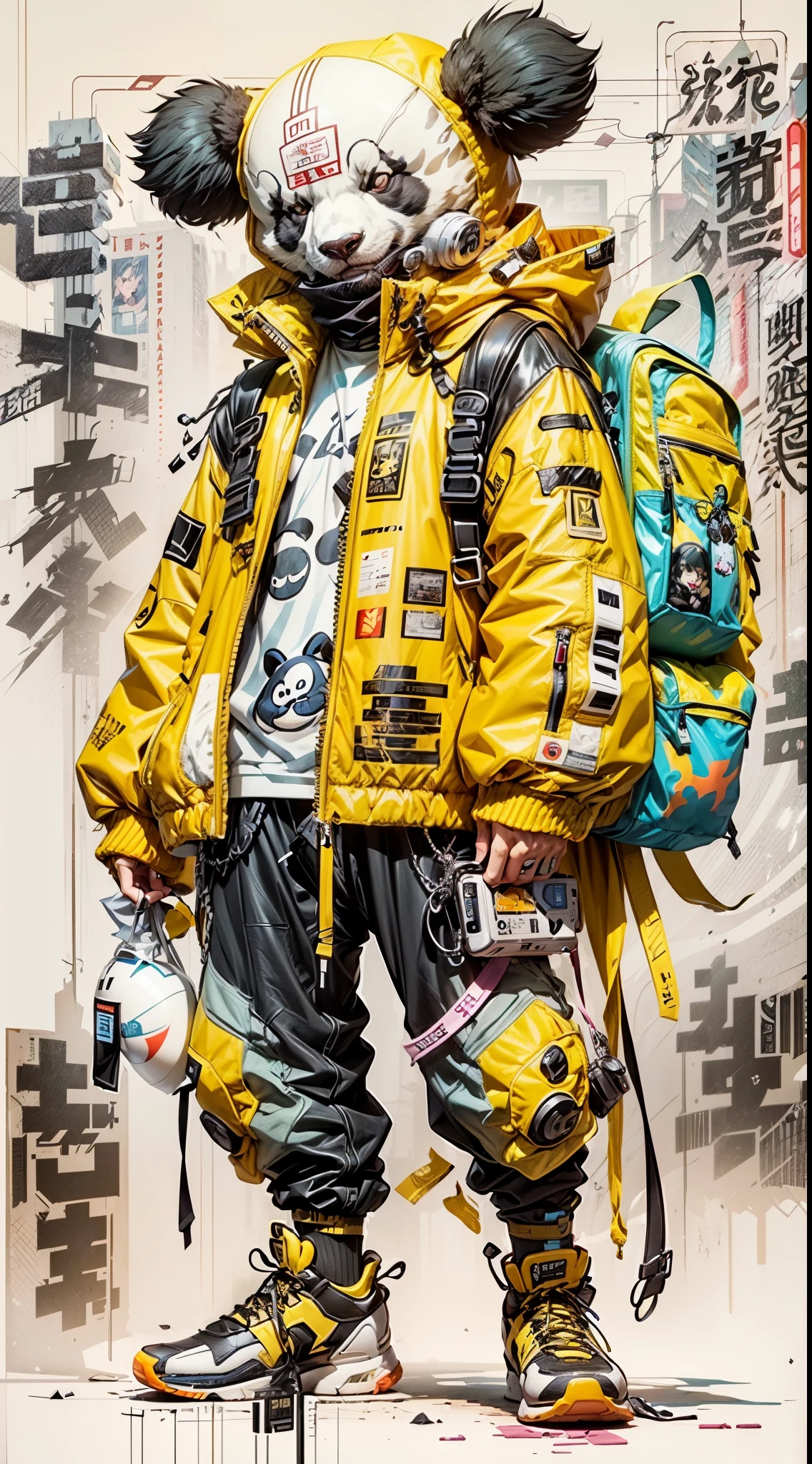 a drawing of a panda bear wearing a yellow jacket and black pants, cyberpunk streetwear, style of cyberpunk, wearing cyberpunk streetwear, yellow mech, akira style illustration, yellow space suit, digital cyberpunk - anime art, interesting character design, inspired by Liam Wong, digital cyberpunk anime art, by Russell Dongjun Lu, in cyberpunk style, striking detailed artstyle