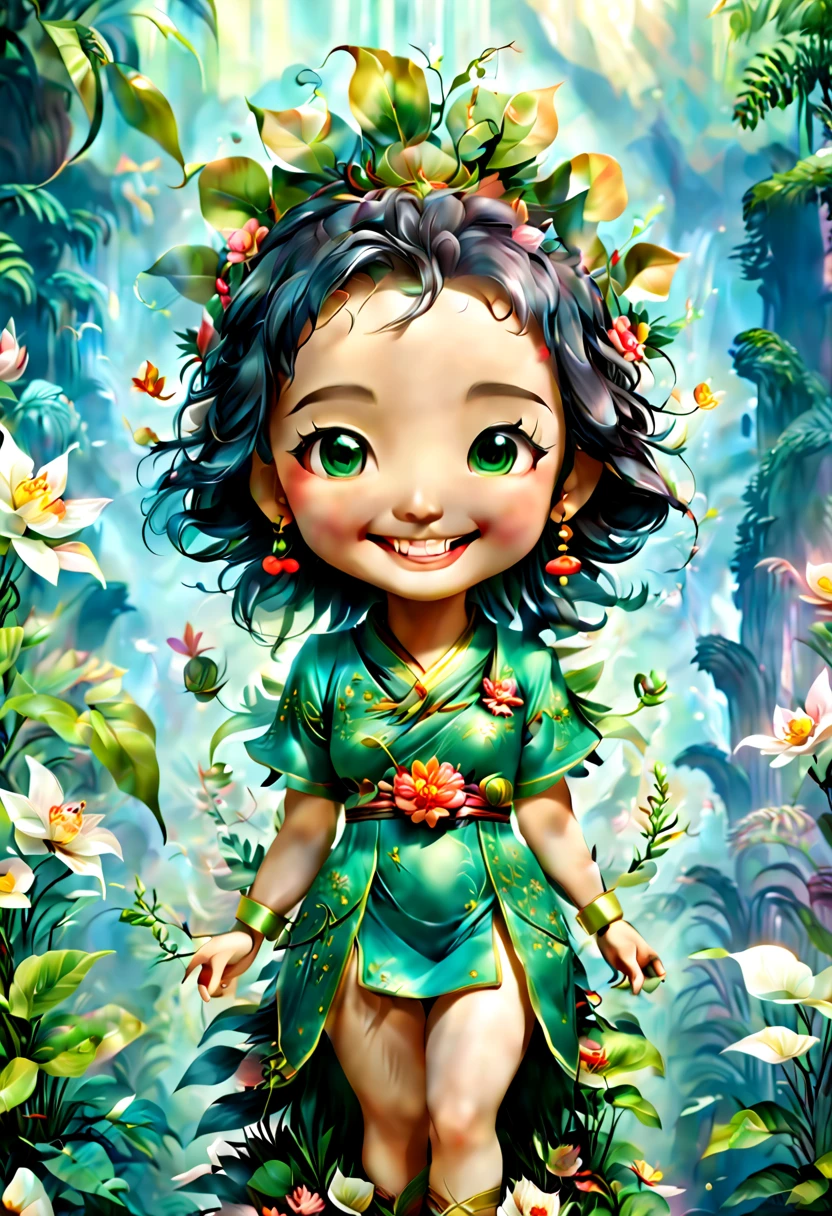a delightful magical plant with distinct Chinese characteristics. comical and chibi (Q version) style. wide and enchanting eyes full of mirth and mischief, perfectly capturing the character’s playful nature. An enchanting smile is ever-present on the character’s face, further emphasising its delightful charm. Adding an oriental twist, the plant-based aspects exhibit the unique beauty and diversity of China’s flora. The character radiates an aura of youthful energy and vitality, embodying the enticing charm of mythical entities. This lively and adorable character, with their radiant smile and dynamic energy, promises a vibe of positivity and fun, octane render, intricate, (best quality, masterpiece, Representative work, official art, Professional, unity 8k wallpaper:1.3)