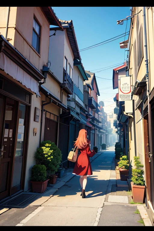 (best quality,4k,8k,highres,masterpiece:1.2),ultra-detailed,(realistic,photorealistic,photo-realistic:1.37),a woman in a red coat walking on the street in an animated scene,residential area,walking through the suburbs,anime background art,anime scenery,anime girl running,beautiful anime scenerys,a forest city street behind her,walking on the street,on a street,anime background,anime movie background,in the distance,animated still frame,Kyoto Animation style